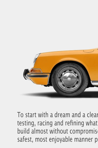 Close-up of the longhood Porsche 911 ‘Entirely New Car’ ad: orange front wing, chrome bumper, hubcapped steel wheel and body copy.