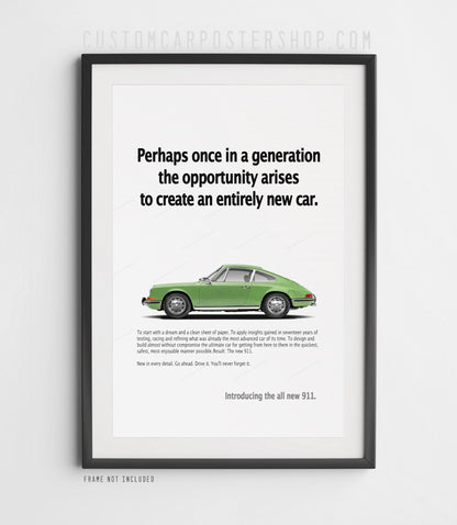 Green longhood Porsche 911 side view on the ‘Perhaps once in a generation’ remastered advertisement art print.