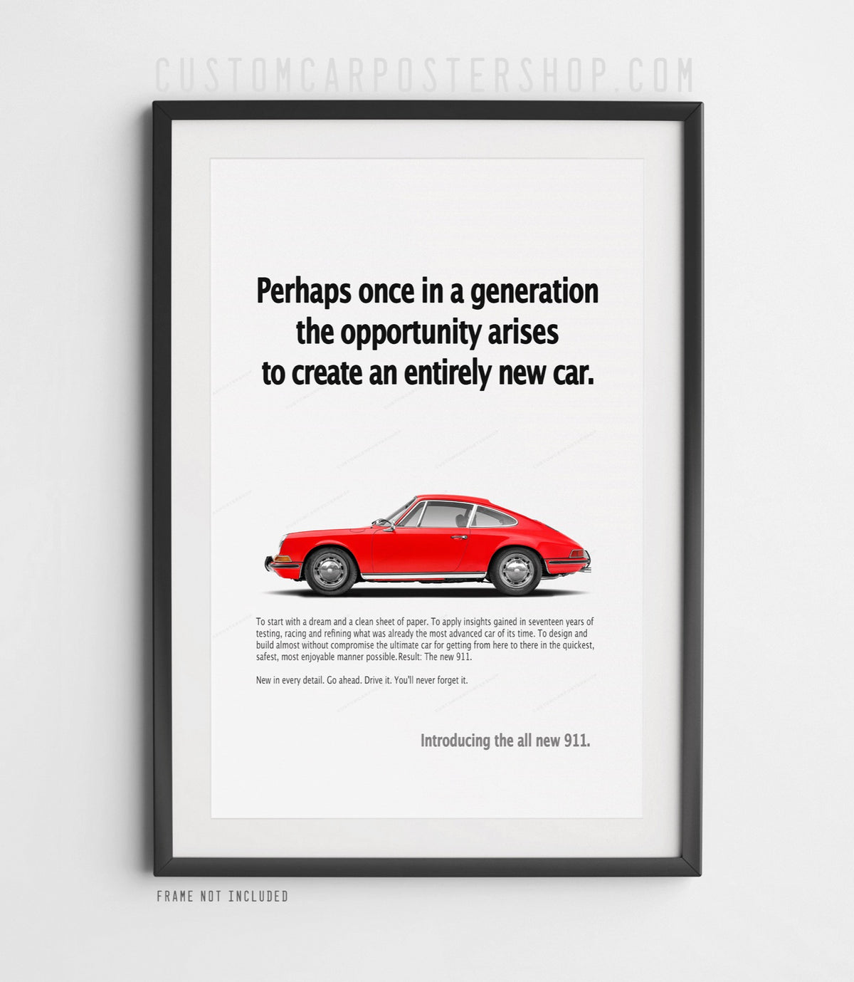 Red early Porsche 911 longhood coupe in profile on the ‘Perhaps once in a generation’ framed retro print ad.