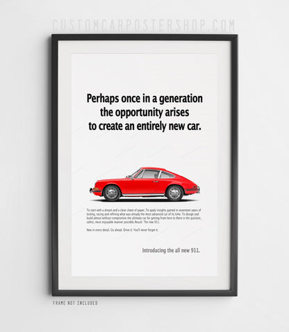Red early Porsche 911 longhood coupe in profile on the ‘Perhaps once in a generation’ framed retro print ad.