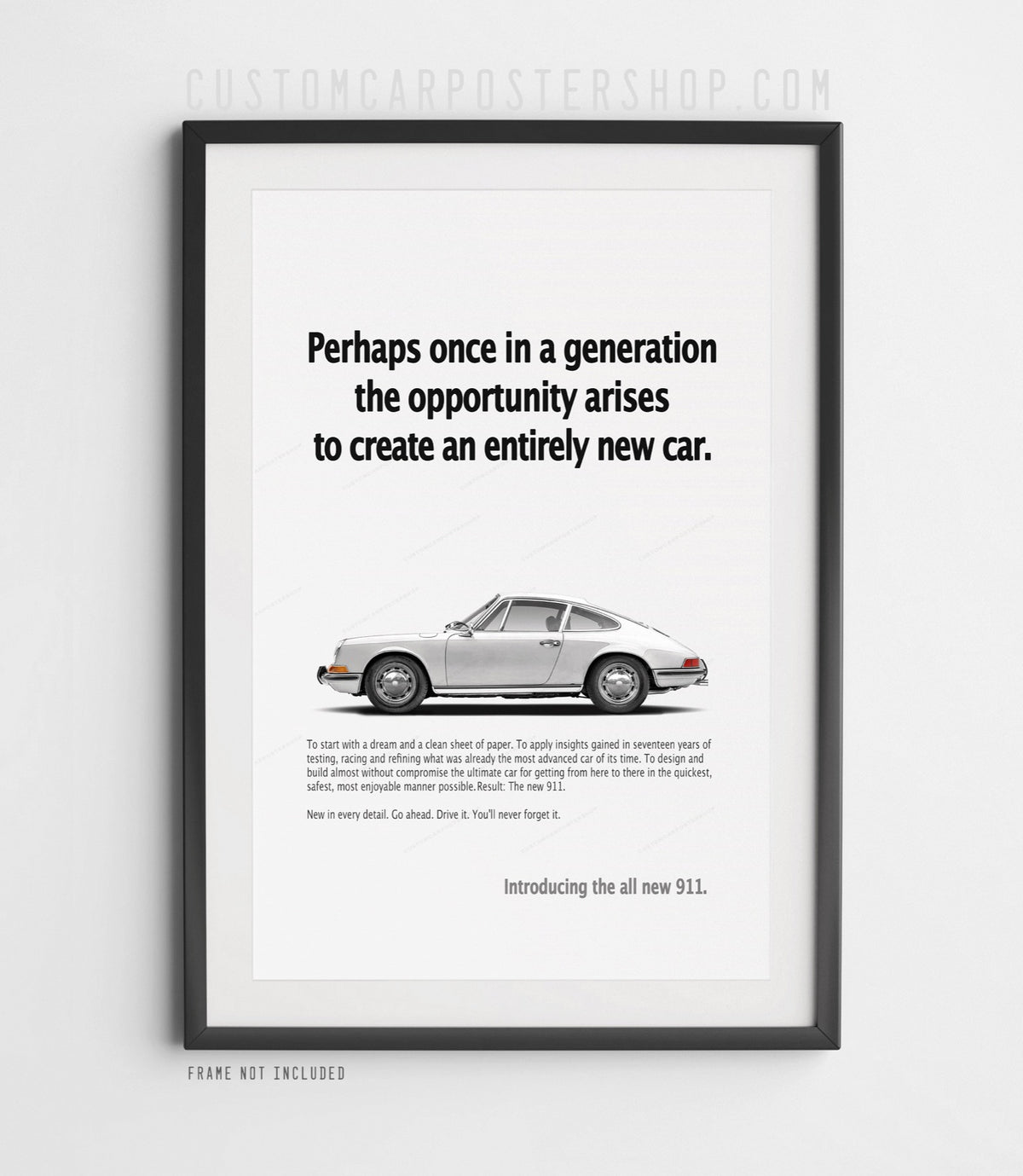 Silver longhood Porsche 911 side profile on the remastered ‘Perhaps once in a generation’ print advertisement.