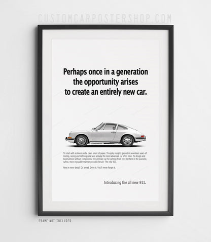 Silver longhood Porsche 911 side profile on the remastered ‘Perhaps once in a generation’ print advertisement.