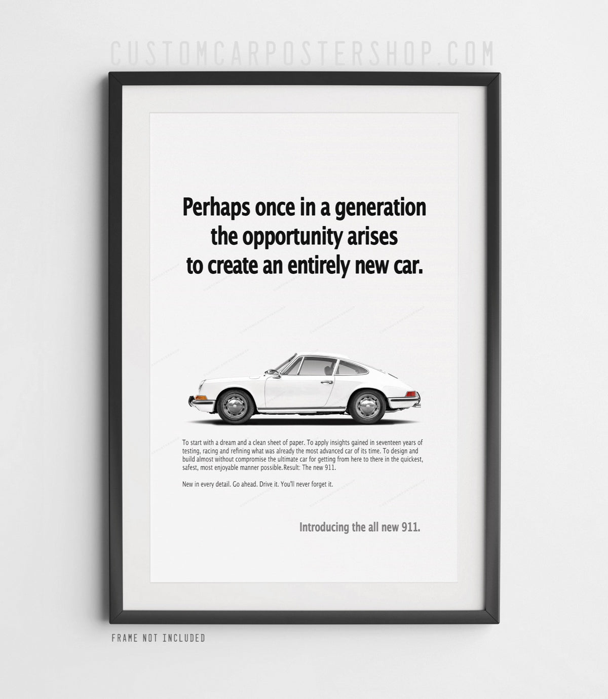 ‘Perhaps once in a generation’ retro Porsche ad poster with a white longhood 911 coupe captured in side profile.