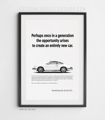 ‘Perhaps once in a generation’ retro Porsche ad poster with a white longhood 911 coupe captured in side profile.