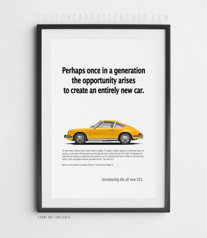 Yellow longhood Porsche 911 in side profile beneath the ‘Perhaps once in a generation’ headline on a remastered retro print ad.