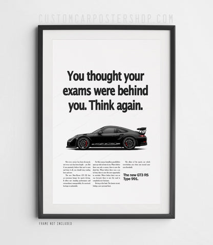 Black Porsche 911 GT3 RS (991) with towering rear wing on the ‘Think Again’ retro ad print.