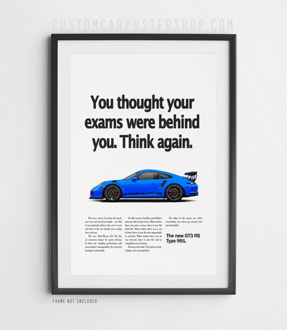Blue Porsche 911 GT3 RS (991) with large rear wing on the ‘Think Again’ retro print ad.