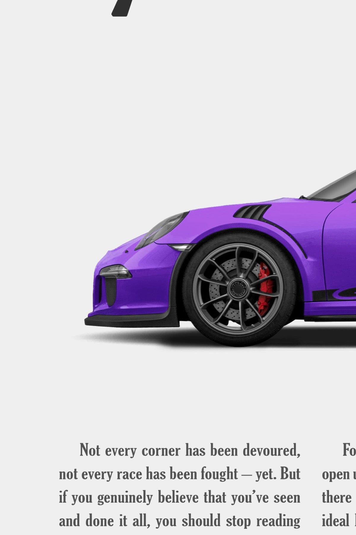 Close-up detail of the Porsche 911 GT3 RS (991) and body copy in the remastered “Think Again” print ad