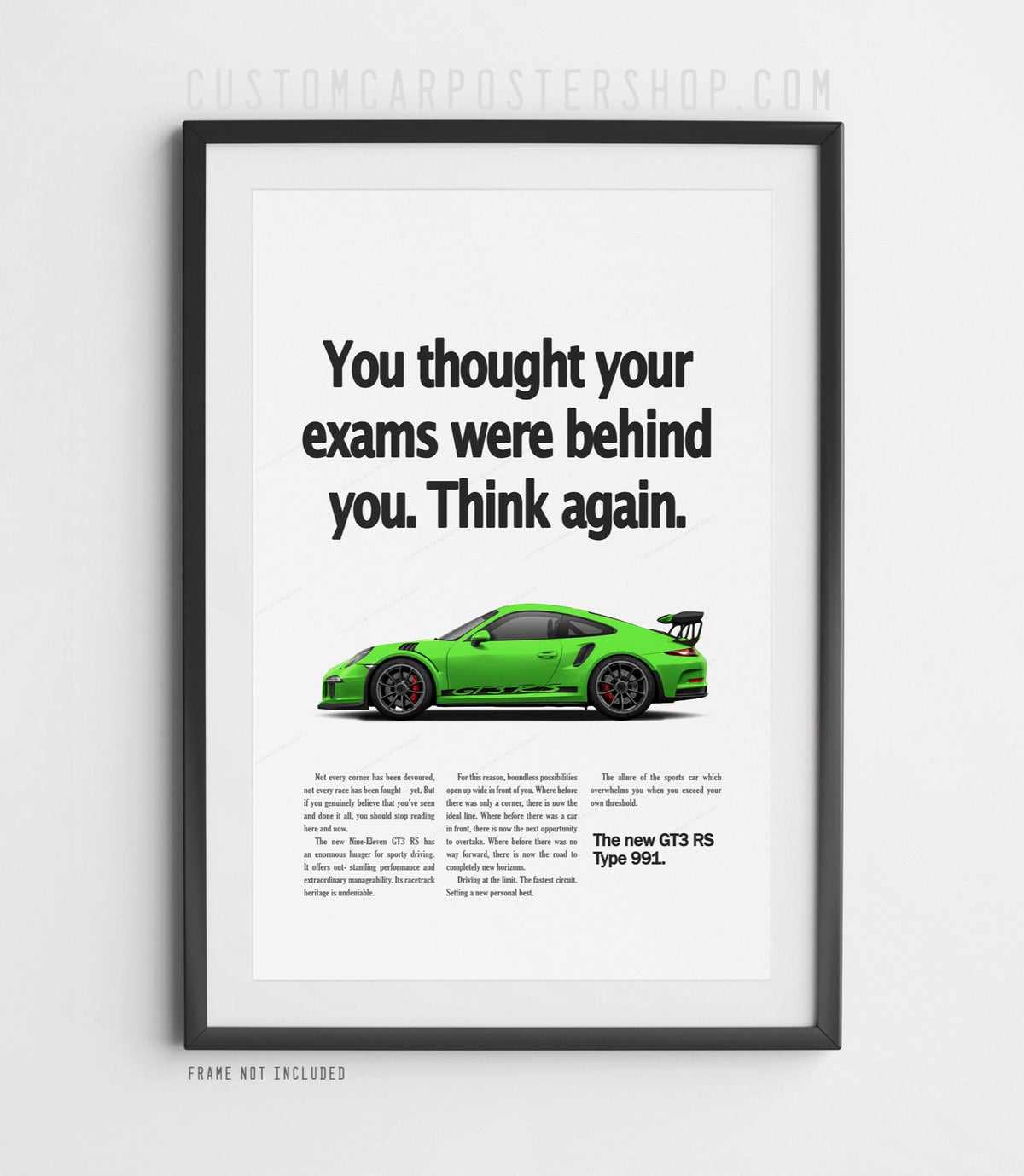 Green Porsche 911 GT3 RS (991) in side profile on the ‘Think Again’ remastered ad print.