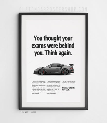 Grey Porsche 911 GT3 RS (991) in side profile on the ‘Think Again’ remastered print ad.