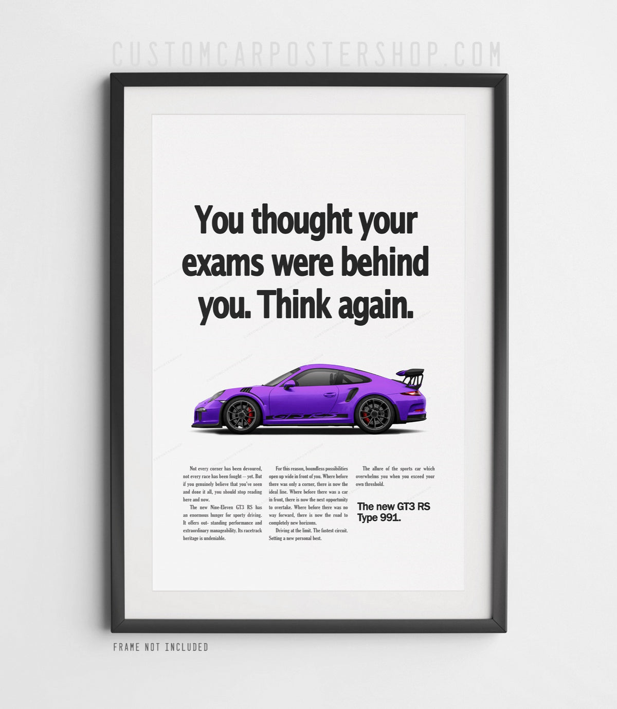 Purple Porsche 911 GT3 RS (991) with dark wheels and red callipers on the ‘Think Again’ retro print ad.