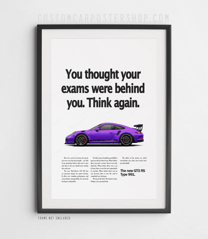Purple Porsche 911 GT3 RS (991) with dark wheels and red callipers on the ‘Think Again’ retro print ad.