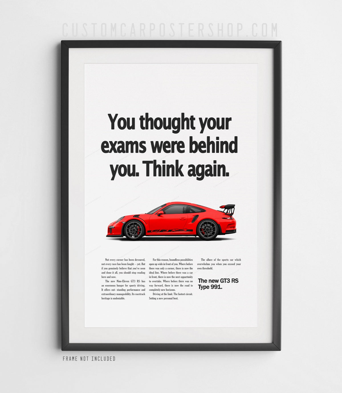 Red Porsche 911 GT3 RS (991) in profile on the ‘Think Again’ framed retro print ad.