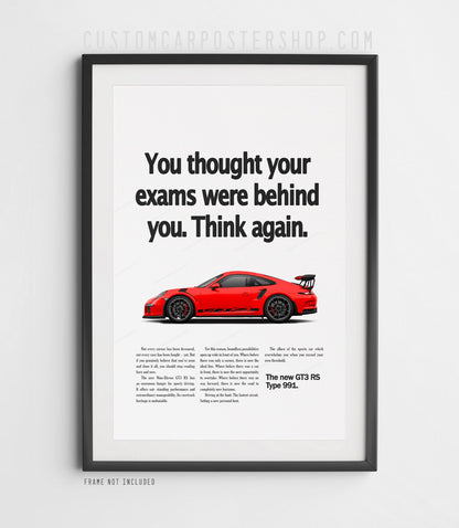 Red Porsche 911 GT3 RS (991) in profile on the ‘Think Again’ framed retro print ad.