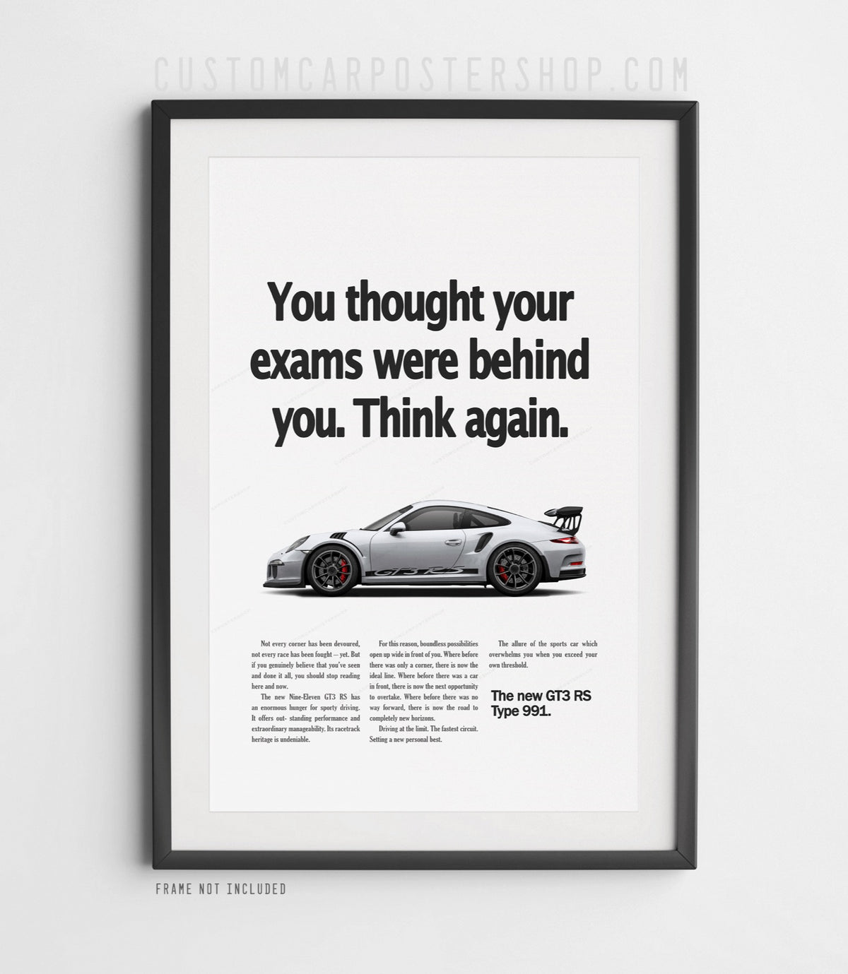 Silver Porsche 911 GT3 RS (991) with GT3 RS side decals on the ‘Think Again’ retro print ad.