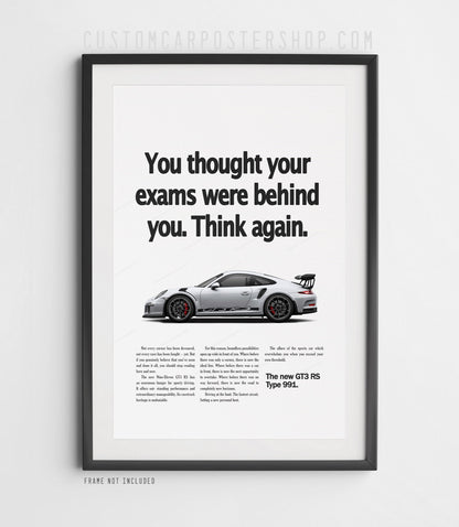 Silver Porsche 911 GT3 RS (991) with GT3 RS side decals on the ‘Think Again’ retro print ad.