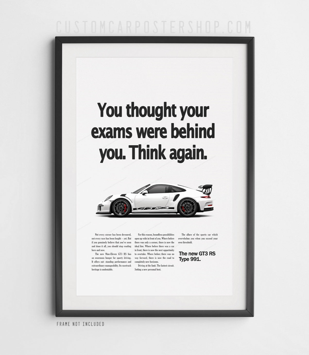White Porsche 911 GT3 RS (991) in profile on the ‘Think Again’ framed retro ad print.