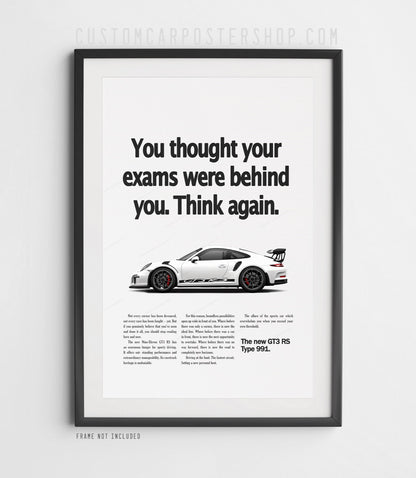 White Porsche 911 GT3 RS (991) in profile on the ‘Think Again’ framed retro ad print.