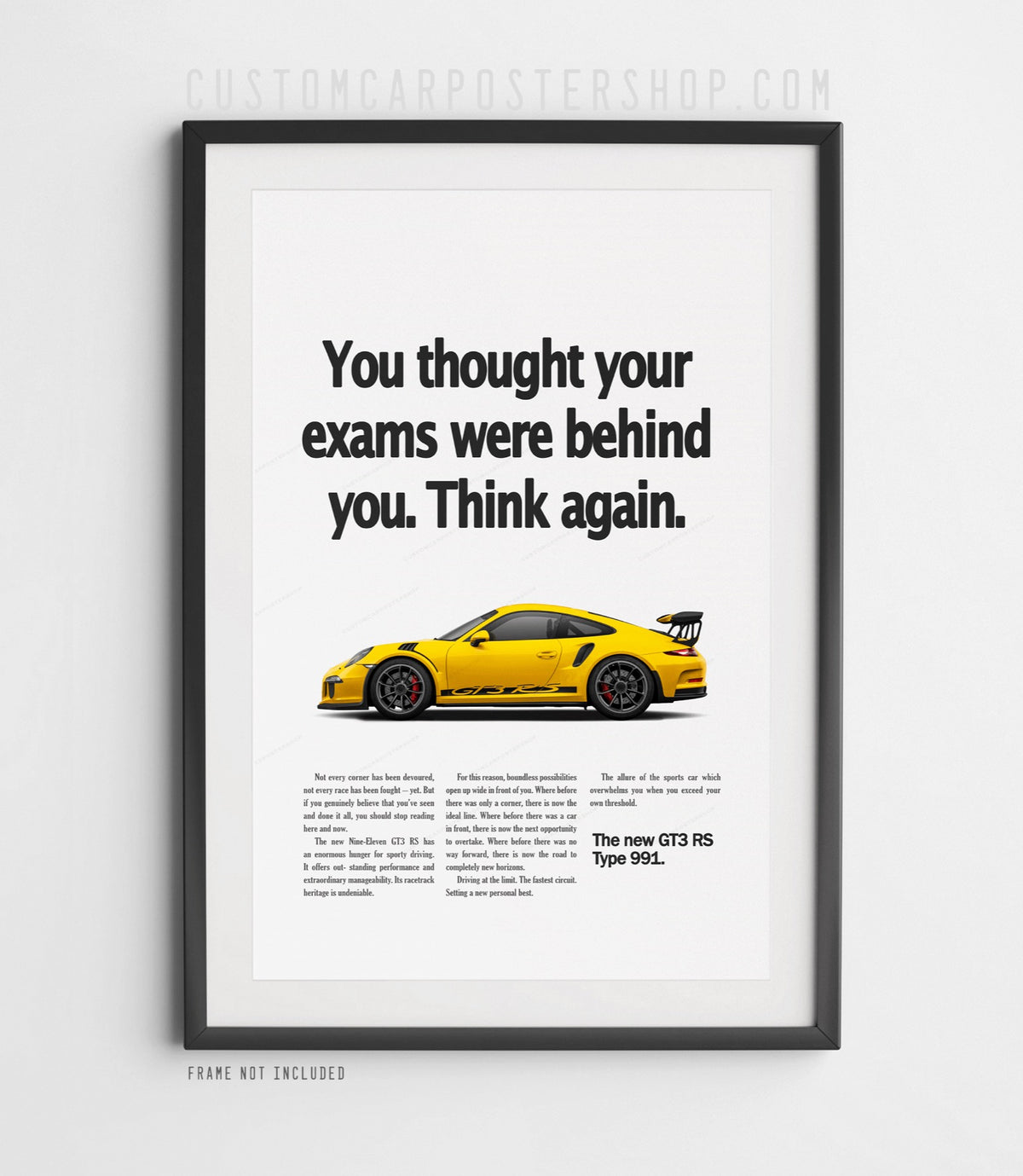 Yellow Porsche 911 GT3 RS (991) with GT3 RS side script on the ‘Think Again’ retro ad print.