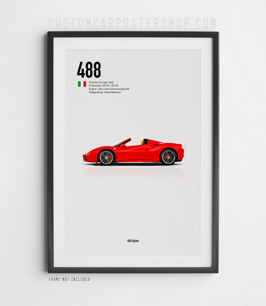 Poster of a Rosso Corsa red Ferrari 488 Spider convertible, showcasing sleek Italian design and customizable details.