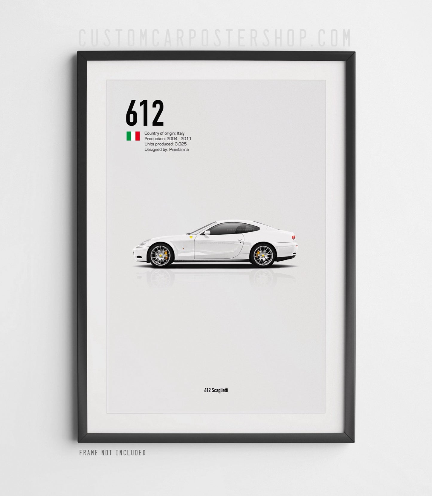 Ferrari 612 Scaglietti minimalist poster featuring the Italian V12 grand tourer side profile in white on clean background.