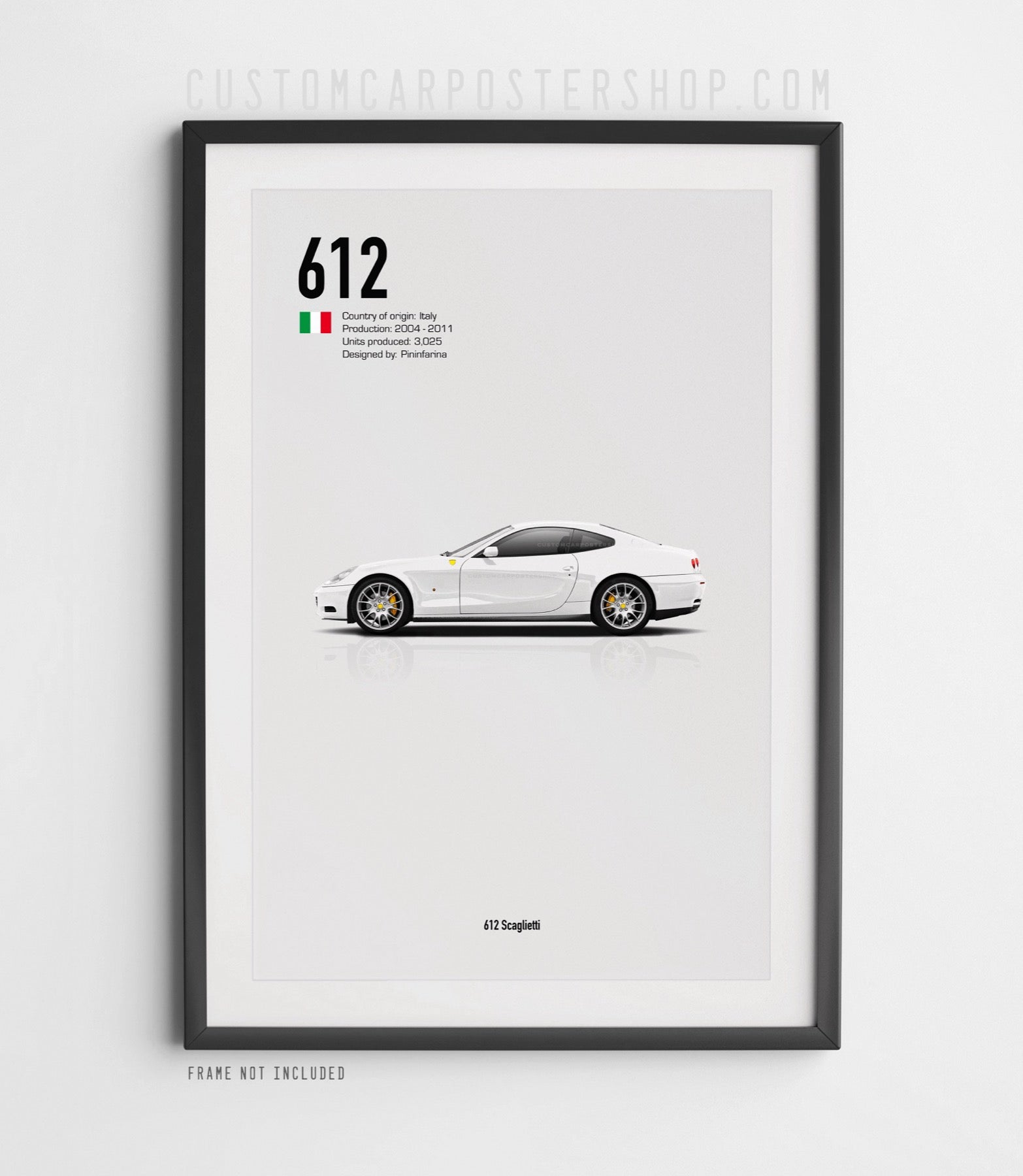 Ferrari 612 Scaglietti minimalist poster featuring the Italian V12 grand tourer side profile in white on clean background.