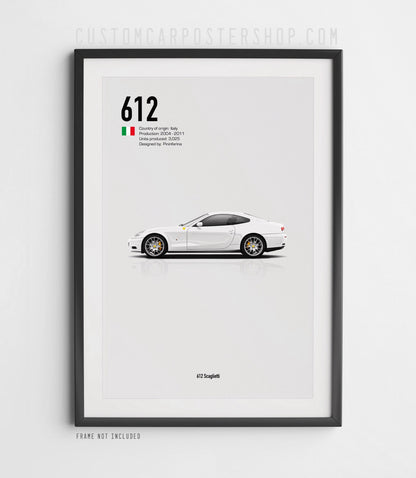 Ferrari 612 Scaglietti minimalist poster featuring the Italian V12 grand tourer side profile in white on clean background.