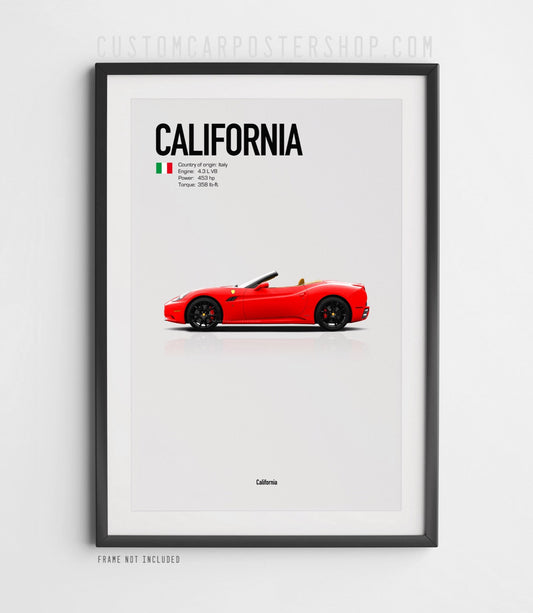 Poster of Red Ferrari California (2009–2014) convertible with customizable colors and roof options, showcasing its elegant Italian design.