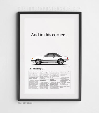 White 1985 Ford Mustang GT Fox Body Remastered Print Ad Art Framed Poster