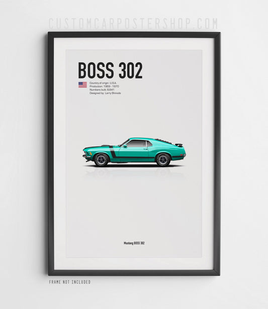 Ford Mustang BOSS 302 print art framed in green