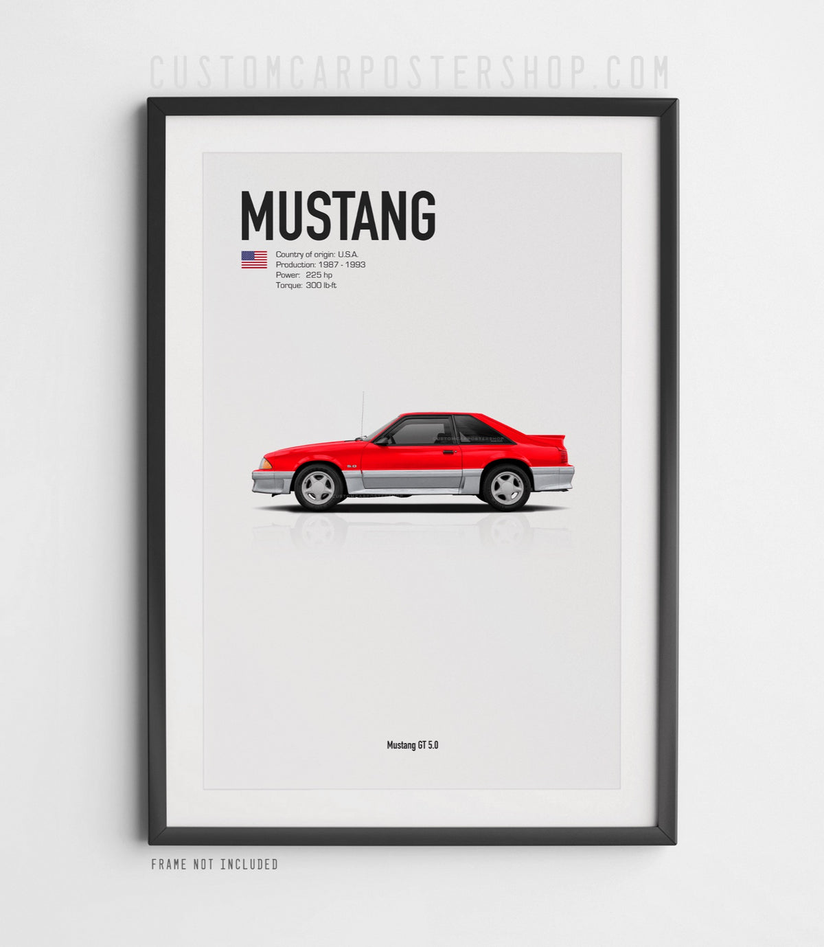 A framed Mustang car poster print hanging on a light gray wall. The poster features a side-profile illustration of a red and silver Mustang with black text reading 'MUSTANG' and small vehicle details.