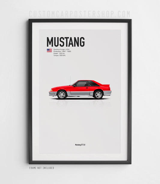 A framed Mustang car poster print hanging on a light gray wall. The poster features a side-profile illustration of a red and silver Mustang with black text reading 'MUSTANG' and small vehicle details.