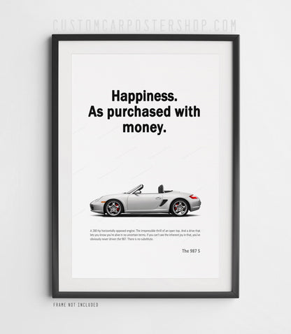 Poster of Porsche 987 Boxster S in Silver with “Happiness. As purchased with money.” tagline – classic Porsche ad reproduction for car enthusiasts