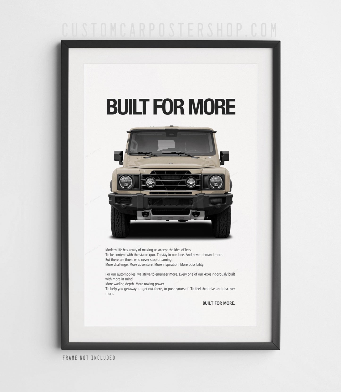 Mushroom colour INEOS Grenadier "Built for More" print ad framed poster.