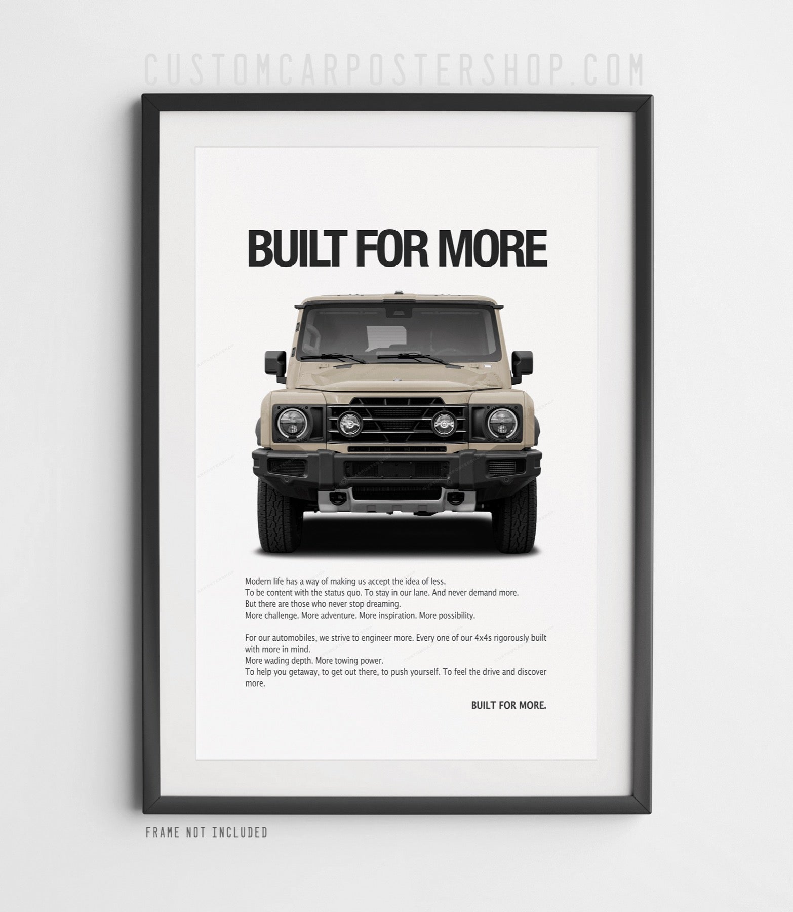 Mushroom colour INEOS Grenadier "Built for More" print ad framed poster.