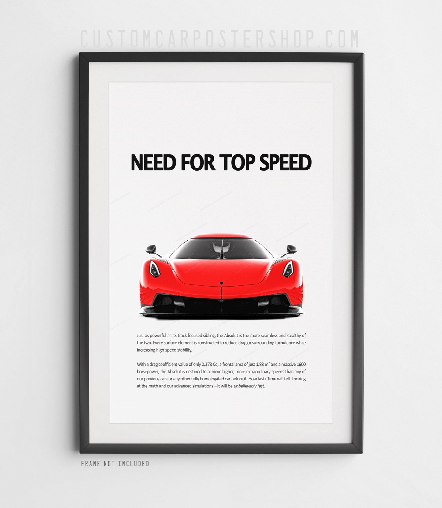Red Koenigsegg Jesko Absolut front view poster with “Need for top speed” headline, minimalist hypercar print