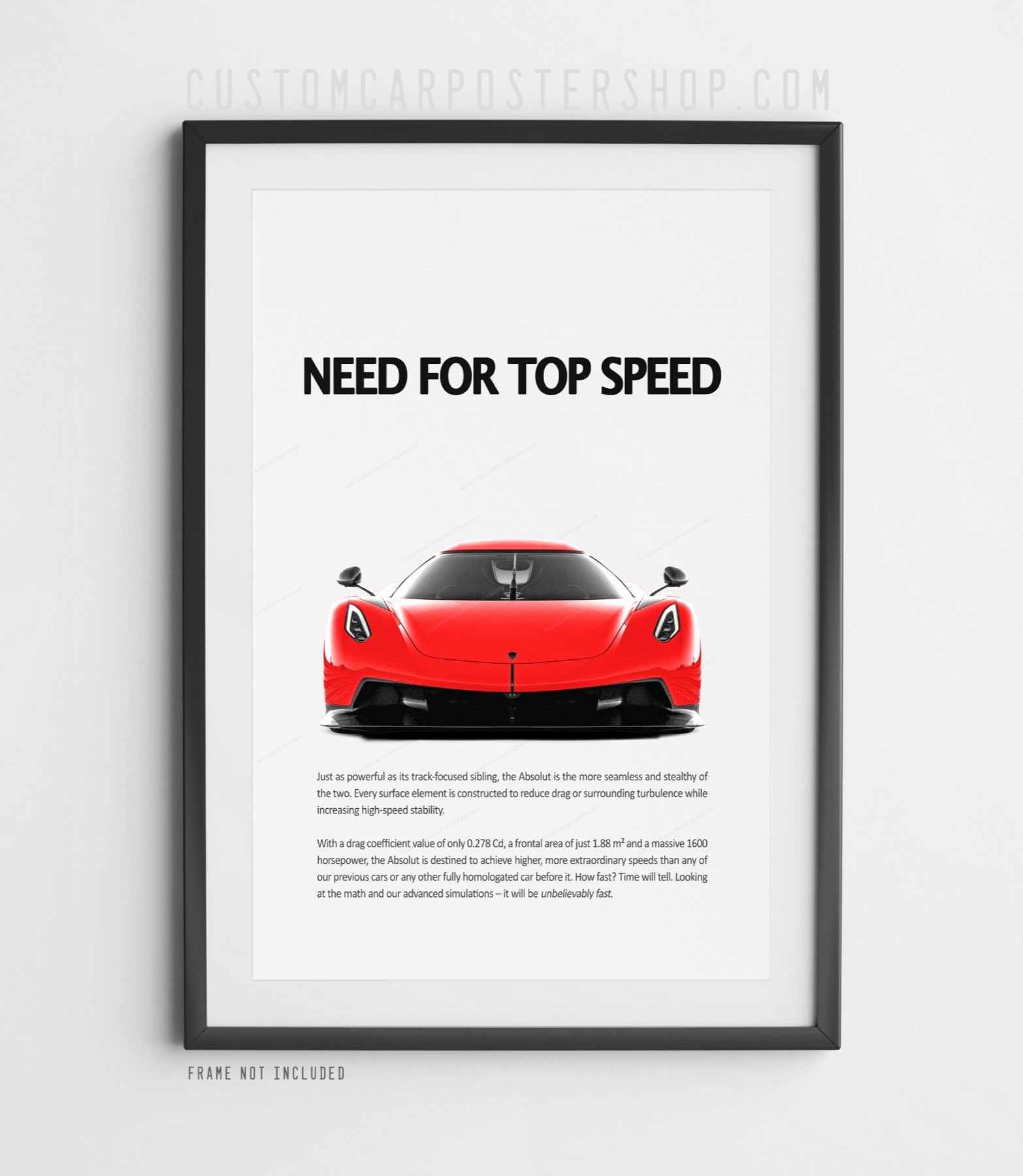 Red Koenigsegg Jesko Absolut front view poster with “Need for top speed” headline, minimalist hypercar print