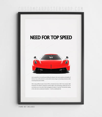 Red Koenigsegg Jesko Absolut front view poster with “Need for top speed” headline, minimalist hypercar print