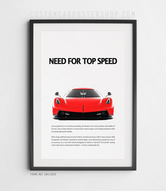 Red Koenigsegg Jesko Absolut front view poster with “Need for top speed” headline, minimalist hypercar print
