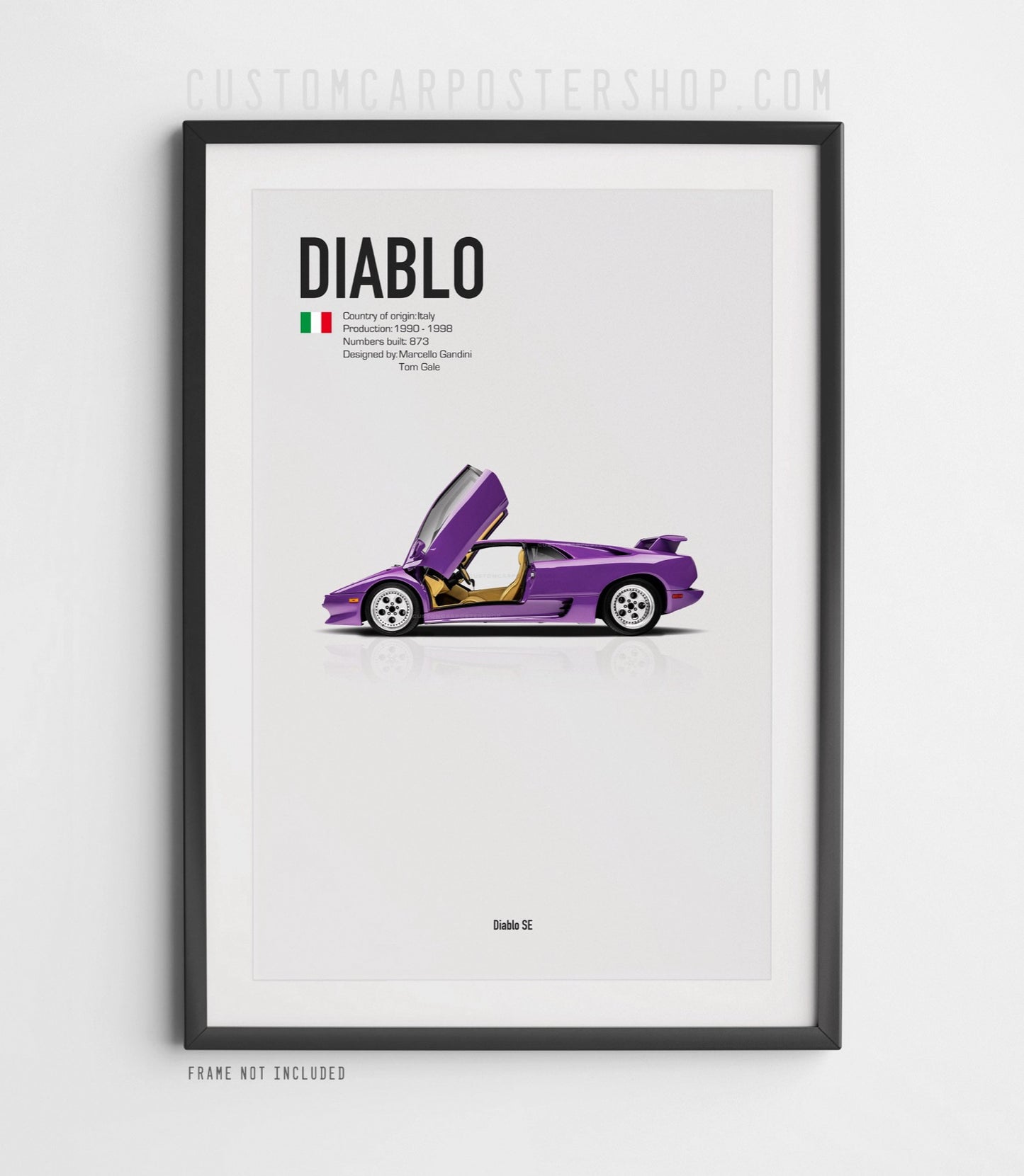 Lamborghini Diablo poster side profile with open scissor doors or closed configurations.