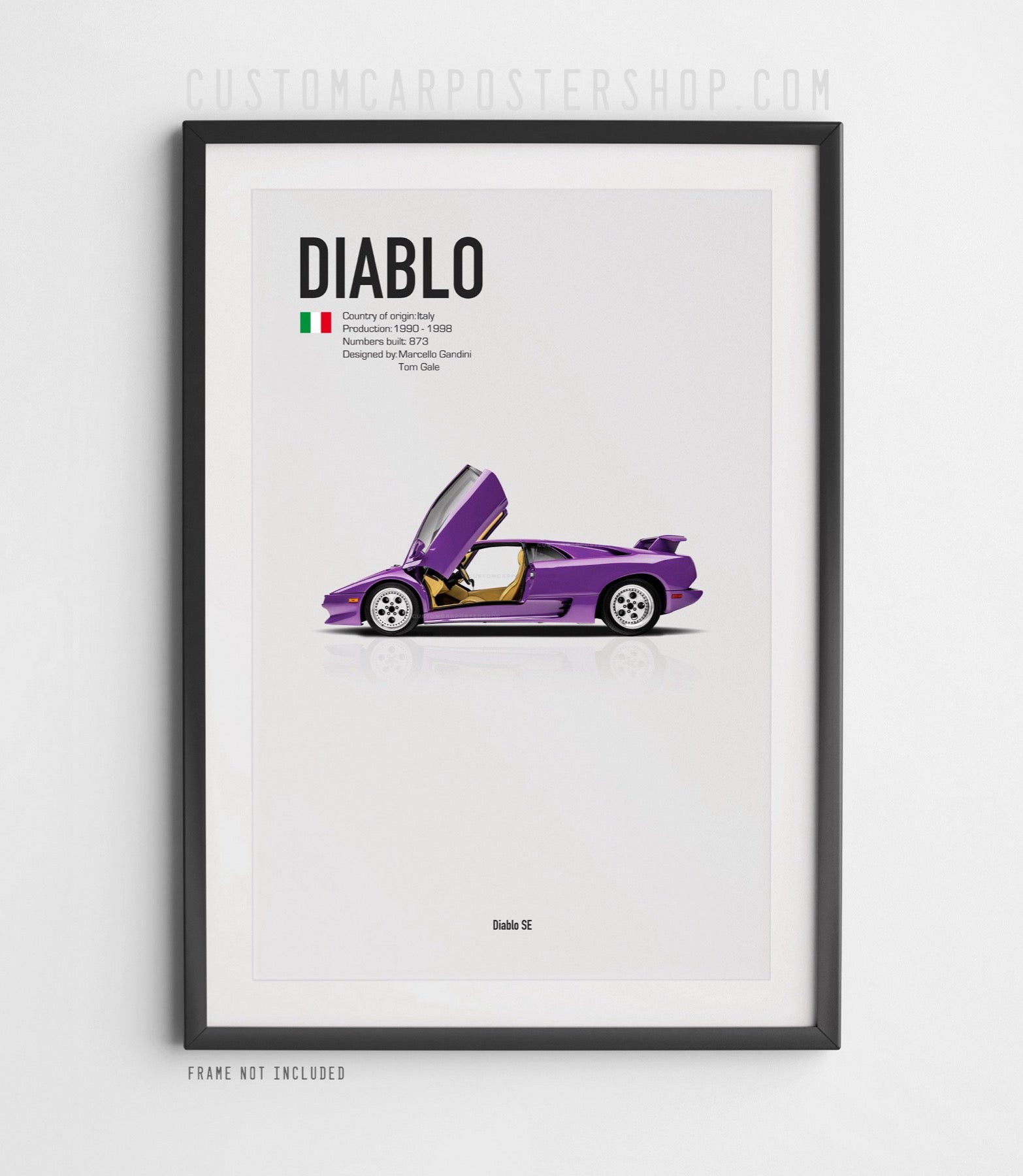 Lamborghini Diablo poster side profile with open scissor doors or closed configurations.