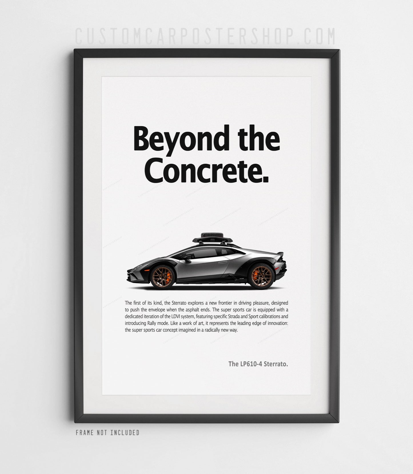 Lamborghini Huracán Sterrato remastered advertisement poster featuring an orange off-road supercar and the slogan "Beyond the Concrete"