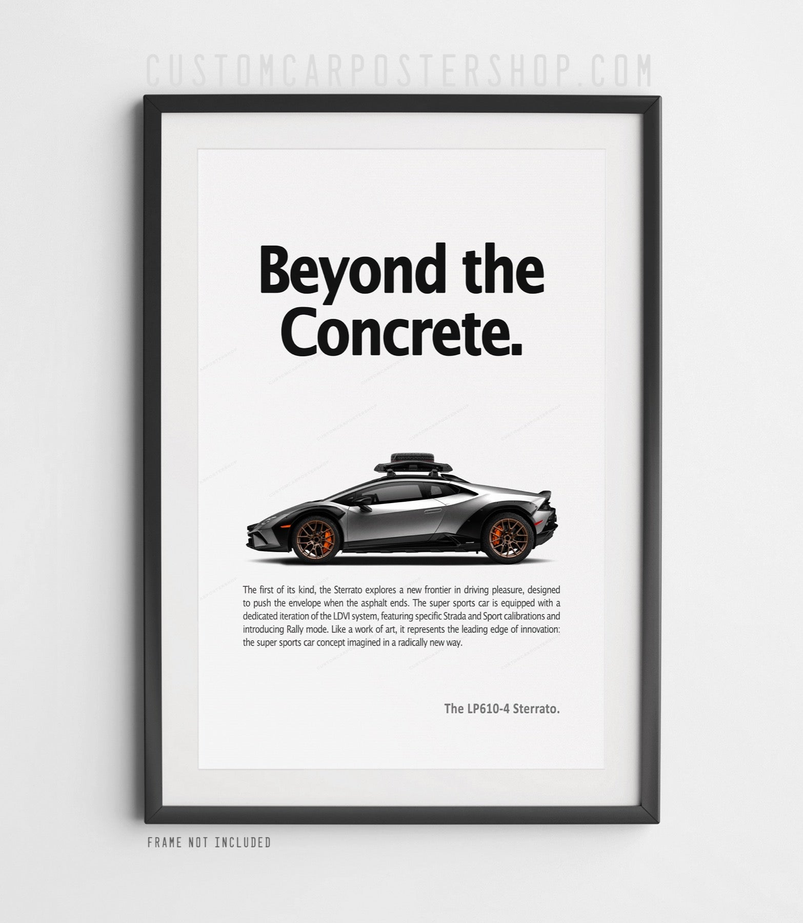 Lamborghini Huracán Sterrato remastered advertisement poster featuring an orange off-road supercar and the slogan "Beyond the Concrete"