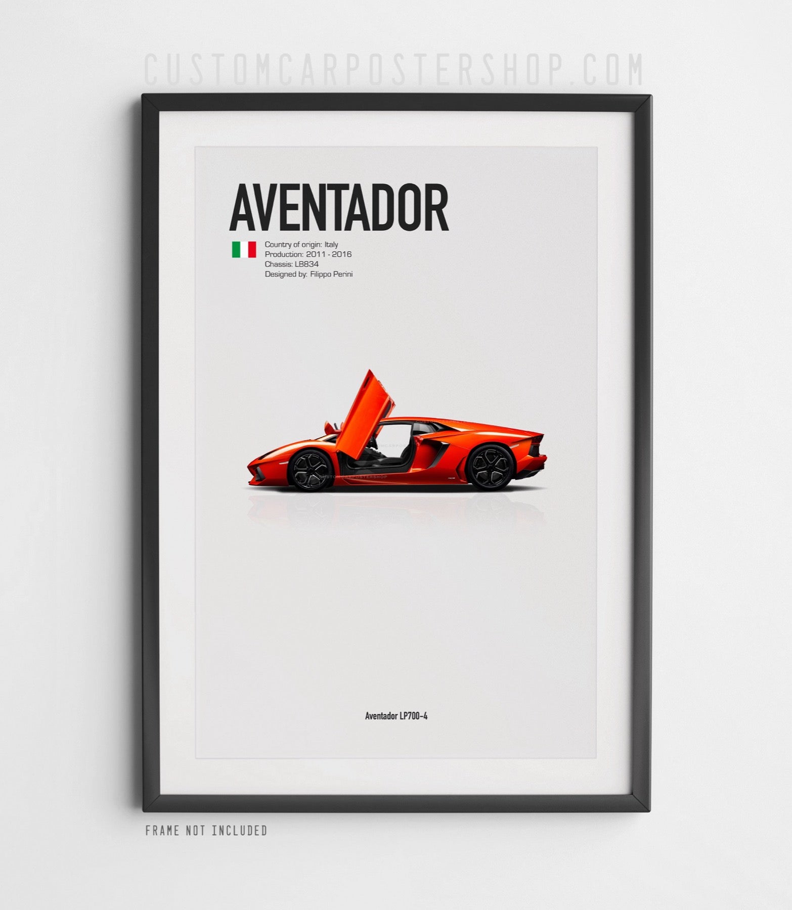 Lamborghini Aventador LP700-4 poster with orange supercar shown in side profile, scissor door open, set against a clean white minimalist background.