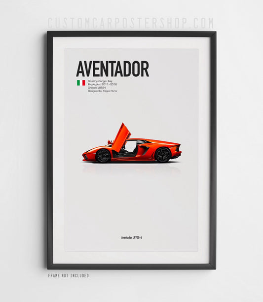 Lamborghini Aventador LP700-4 poster with orange supercar shown in side profile, scissor door open, set against a clean white minimalist background.