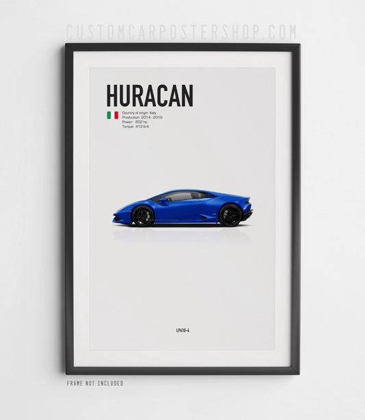Blue Lamborghini Huracán LP610-4 side profile poster in minimalist style, clean white background with sharp angular supercar design.