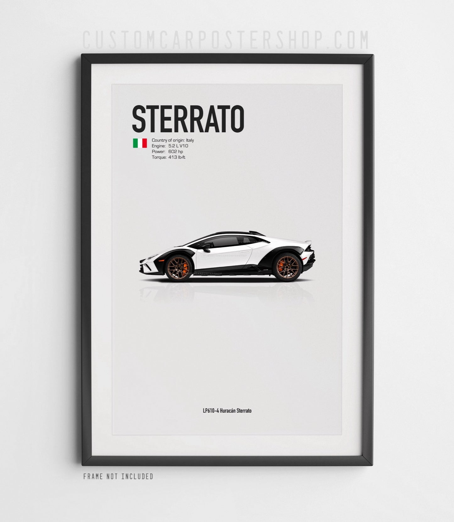 Lamborghini Huracán Sterrato LP610-4 side profile poster in minimalist style, shown in three variants: no roof rack, with roof rack, and with roof rack plus spare tire.