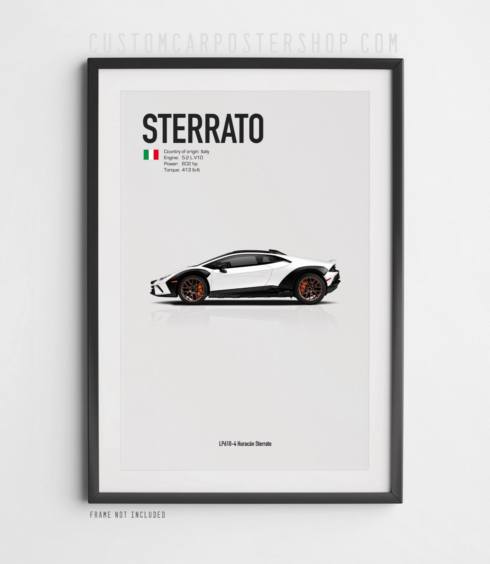 Lamborghini Huracán Sterrato LP610-4 side profile poster in minimalist style, shown in three variants: no roof rack, with roof rack, and with roof rack plus spare tire.