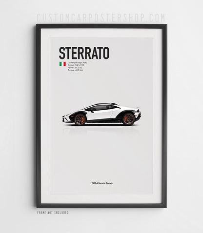 Lamborghini Huracán Sterrato LP610-4 side profile poster in minimalist style, shown in three variants: no roof rack, with roof rack, and with roof rack plus spare tire.