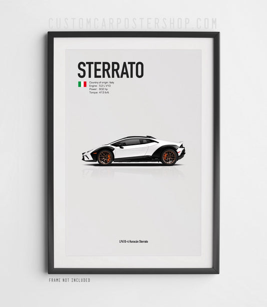 Lamborghini Huracán Sterrato LP610-4 side profile poster in minimalist style, shown in three variants: no roof rack, with roof rack, and with roof rack plus spare tire.